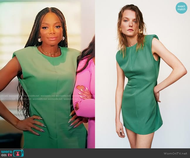 Zara Shoulder Pad Crepe Mini Dress in Apple Green worn by Tai Beauchamp on Today