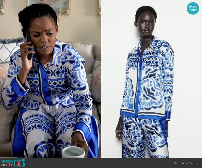 Zara Printed Blouse with Pocket worn by Sabrina Hollins (Novi Brown) on Tyler Perrys Sistas