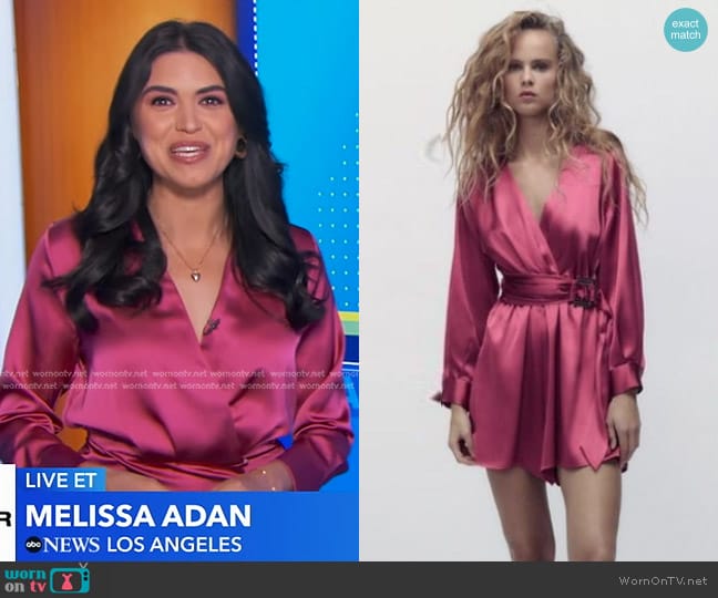 Zara Satin Effect Shorts Jumpsuit with Belt worn by Melissa Adan on Good Morning America