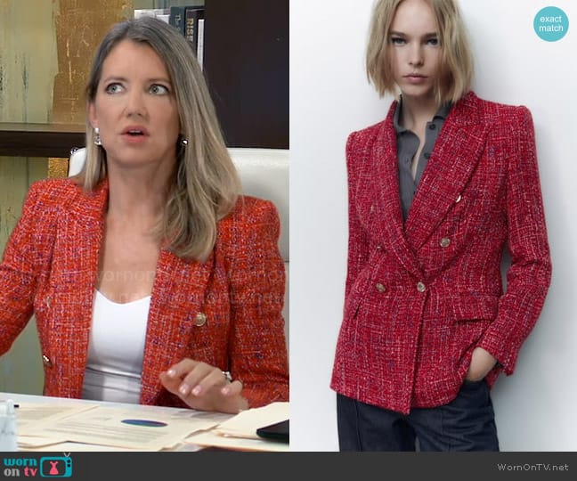 Zara Textured Double Breasted Blazer worn by Nina Reeves (Cynthia Watros) on General Hospital