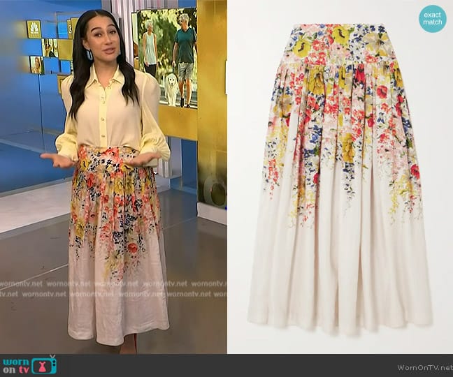 Zimmermann Alight floral-print linen skirt worn by Morgan Radford on NBC News Daily