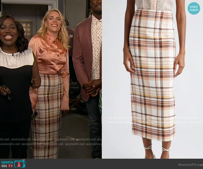 Zimmermann Matchmaker checked linen and cotton-blend midi skirt worn by Busy Phillips on The Talk