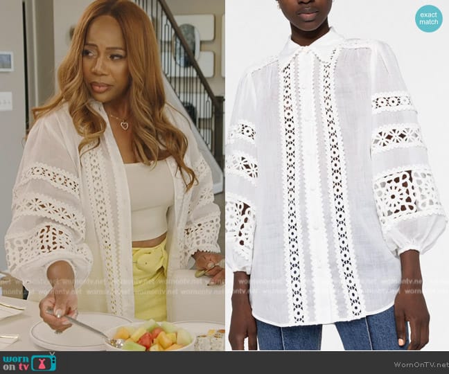 Zimmermann Devi crochet-trim blouse worn by Charrisse Jackson Jordan on The Real Housewives of Potomac