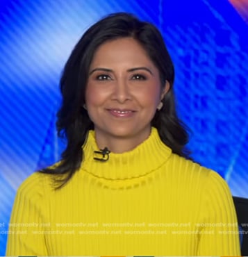 Zohreen Shah's yellow ribbed turtleneck sweater on Good Morning America