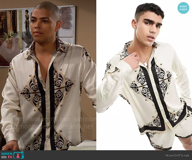 ASOS Design Relaxed satin shirt with baroque border print worn by Zende Forrester Dominguez (Delon De Metz) on The Bold and the Beautiful