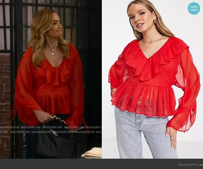 ASOS Ruffled sheer blouse in red worn by Tammy Townsend (Tammy Townsend) on The Upshaws