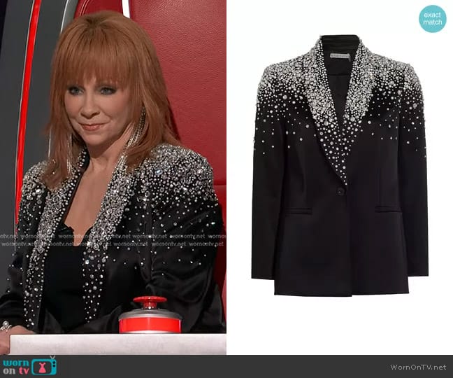 Alice + Olivia Ivan Crystal Satin Blazer worn by Reba McEntire on The Voice