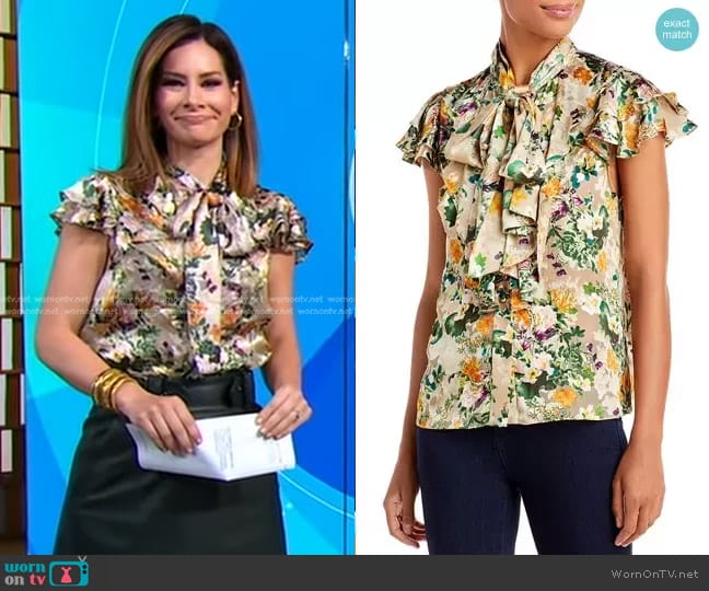 Alice + Olivia Jeannie Floral Burnout Bow Collar Blouse worn by Rebecca Jarvis on Good Morning America