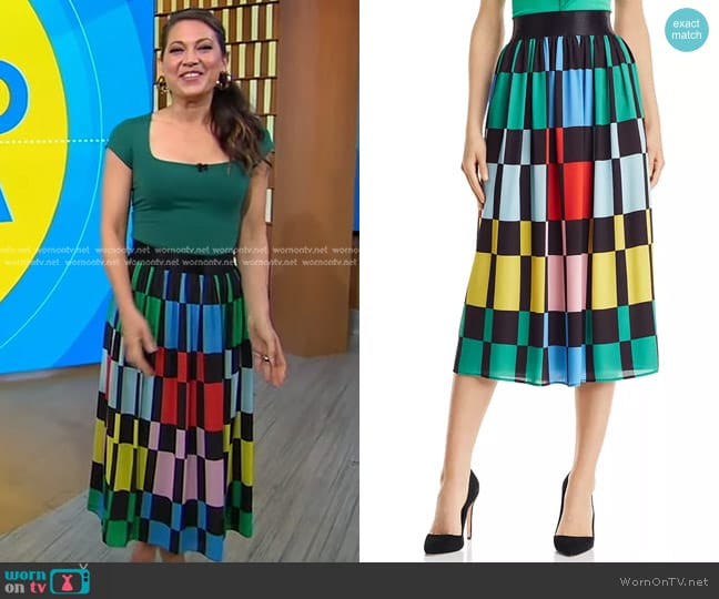 Alice + Olivia Melda Geometric Print Midi Skirt worn by Ginger Zee on Good Morning America