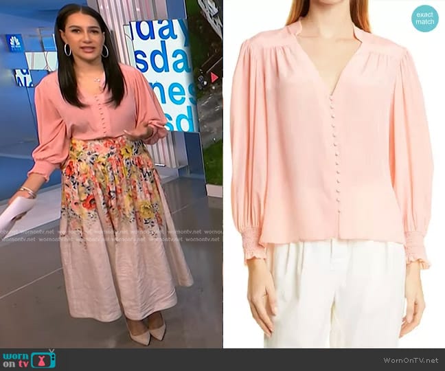 Alice + Olivia Serena Button-front Blouse in Pink worn by Morgan Radford on NBC News Daily