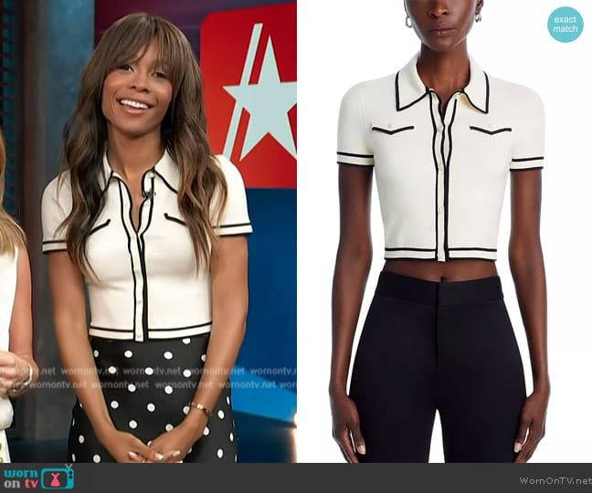 Alice + Olivia Marlena Knit Contrast-Trim Shirt worn by Zuri Hall on Access Hollywood