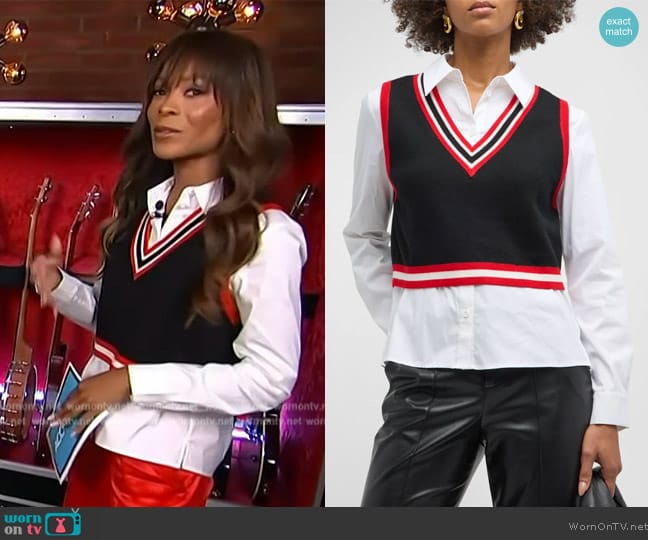 Alice + Olivia Orly Tipped Sweater Vest Combination Tunic worn by Zuri Hall on Access Hollywood