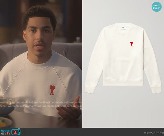 Ami Paris Logo-Embroidered Stretch-Cotton Jersey Sweatshirt worn by Andre Johnson, Jr. (Marcus Scribner) on Grown-ish