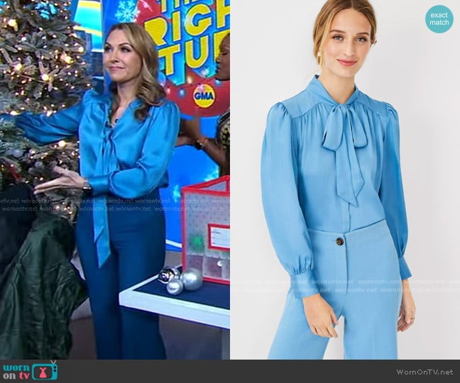 Ann Taylor Bow Tie Blouse in Marina Blue worn by Lori Bergamotto on Good Morning America