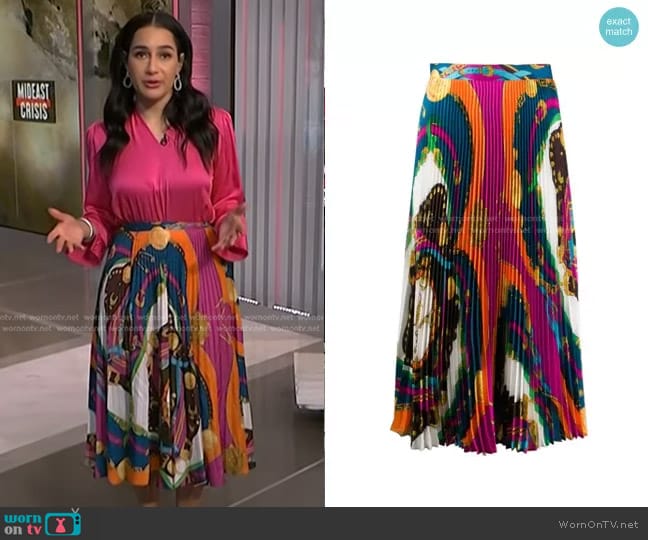 Versace Barocco Rodeo Print Pleated Midi Skirt worn by Morgan Radford on NBC News Daily