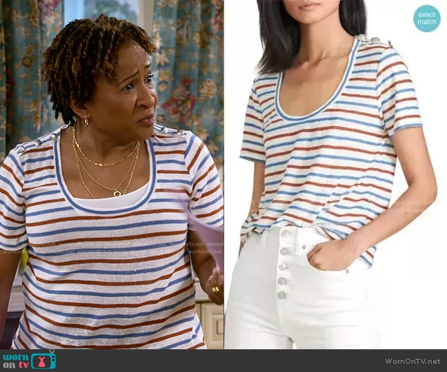 Veronica Beard Benji Stripe Linen T-Shirt worn by Lucretia Turner (Wanda Sykes) on The Upshaws