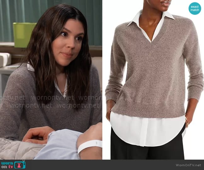 C by Bloomingdales Layered Look Cashmere Sweater in Heather Rye Sesame worn by Kristina Corinthos-Davis (Kate Mansi) on General Hospital