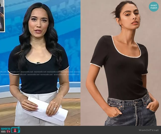 Canapé Pearl-Trim Scoop-Neck Tee worn by Emilie Ikeda on Today