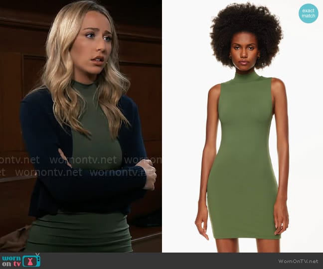 Contour at Aritzia Mockneck Mini Dress in Sencha Green worn by Josslyn Jacks (Eden McCoy) on General Hospital