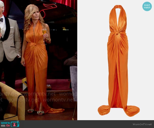 Costarellos Colette gathered halterneck silk gown worn by Lauren Fenmore (Tracey Bregman) on The Young and the Restless