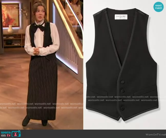 Saint Laurent Cropped grain de poudre wool and silk-satin vest worn by Drew Barrymore on The Drew Barrymore Show