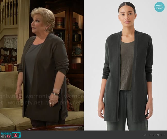 Eileen Fisher Peruvian Organic Cotton Crepe Cardigan in Grove worn by Traci Abbott (Beth Maitland) on The Young and the Restless