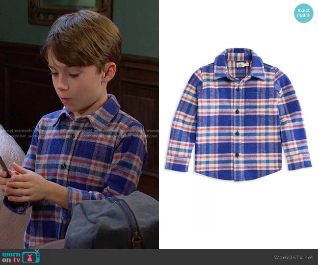 Faherty Boys' Legend Plaid Shirt in Navy Skyline worn by Thomas DiMera (Cary Christopher) on Days of our Lives