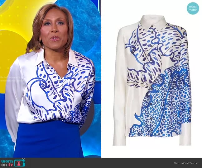 WornOnTV: Robin’s white leaf print blouse and blue skirt on Good ...