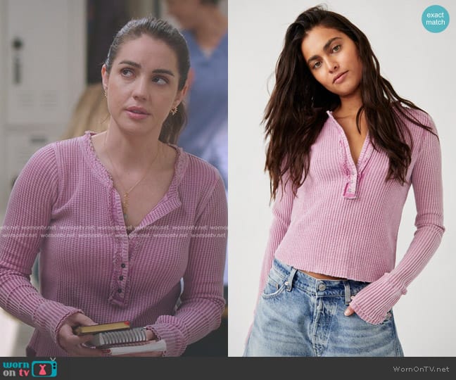 Free People Colt Waffle Knit Henley Top in Bubble Tea worn by Jules Millin (Adelaide Kane) on Greys Anatomy