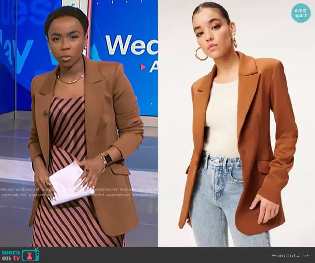 Good American Fitted Scuba Blazer in Burnt Caramel worn by Zinhle Essamuah on NBC News Daily