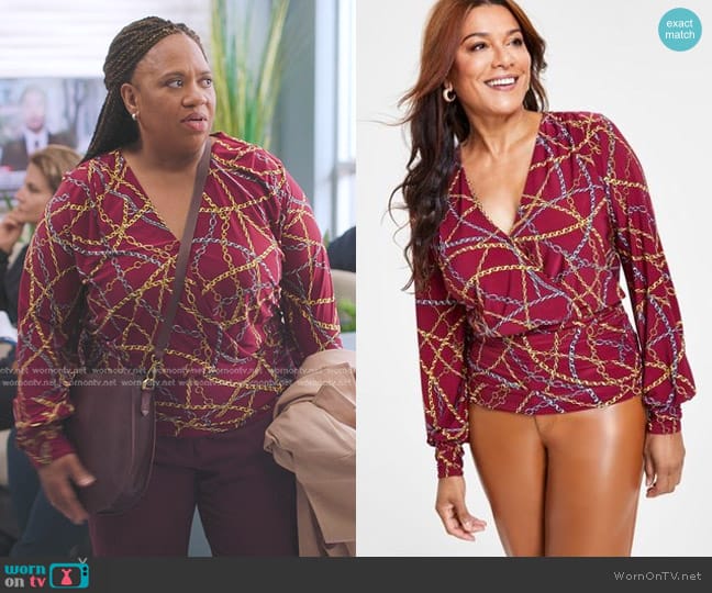 INC International Concepts Printed Ruched-Waist Surplice Knit Top worn by Miranda Bailey (Chandra Wilson) on Greys Anatomy