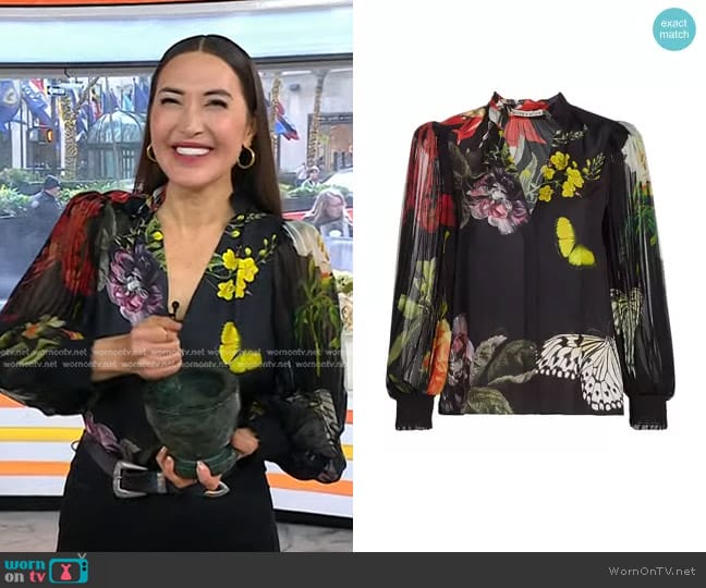 Alice + Olivia Ilan Floral Blouson Shirt in Essential Floral worn by Candice Kumai on Today