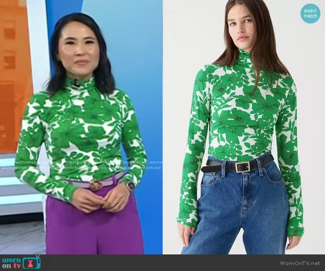 J. Crew Matte Jersey Turtleneck in Botanical Print in Vintage Kelly worn by Vicky Nguyen on Today