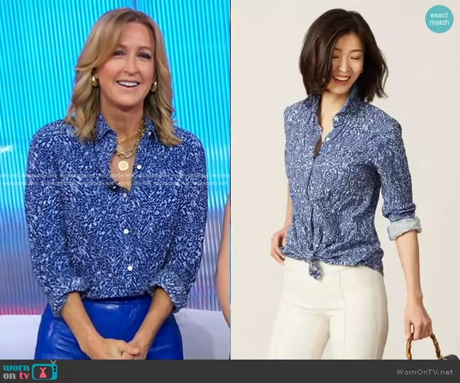 J.McLaughlin Lois Shirt in Beatriz Spot Blue worn by Lara Spencer on Good Morning America