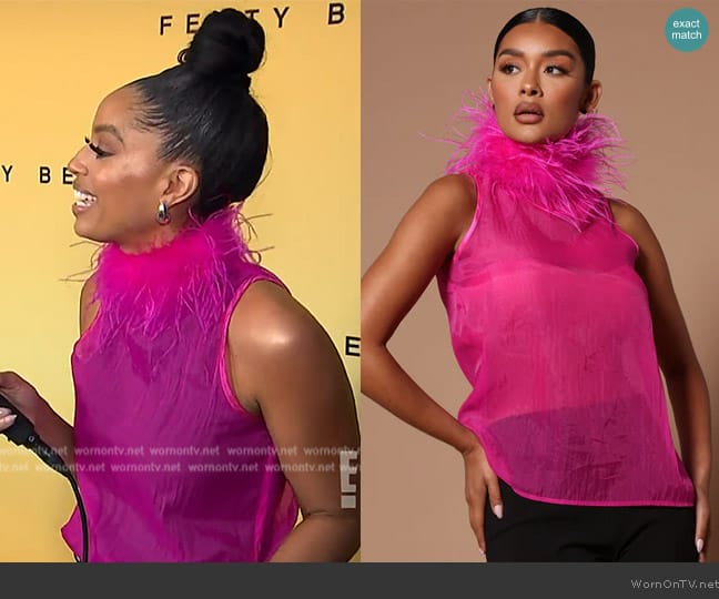 Fashion Nova Jessica Feather Collar Tank Top worn by Francesca Amiker on E! News