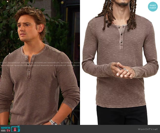 John Varvatos Nashville Waffle Henley in Plum Wood worn by Johnny DiMera (Carson Boatman) on Days of our Lives