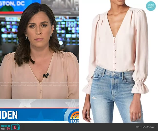 Joie Bolona Poet-sleeve Button-front Silk Blouse in Pink Sky worn by Hallie Jackson on Today