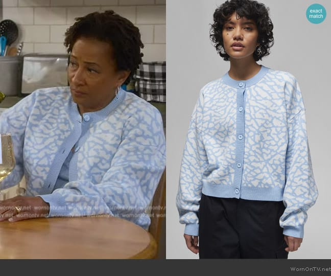 Jordan Flight Jacquard Knit Cardigan In Blue worn by Lucretia Turner (Wanda Sykes) on The Upshaws