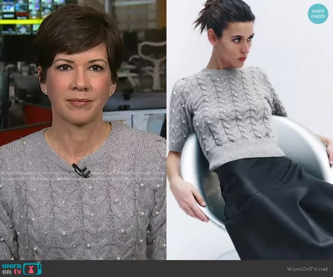 Zara Knit Sweater with Pearls in Light Gray worn by Kelly Cobiella on Today