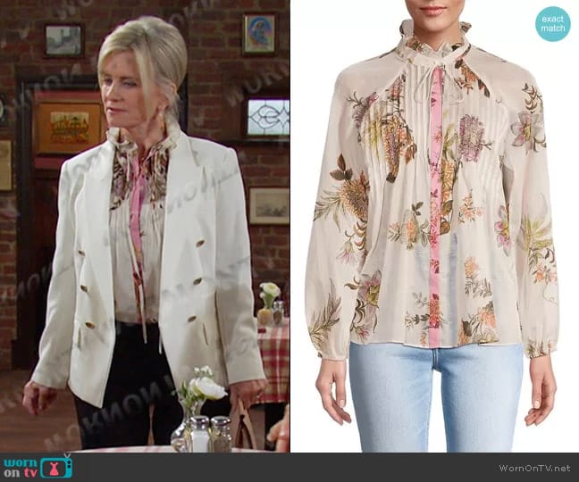 Kobi Halperin Joanna Floral Pleated Blouse worn by Kayla Brady (Mary Beth Evans) on Days of our Lives