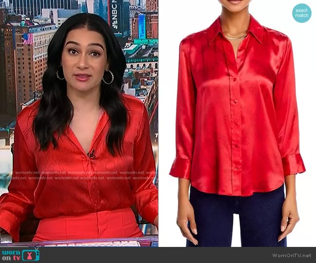 L'Agence Dani Silk Charmeuse Blouse in Red Allover Chain worn by Morgan Radford on NBC News Daily