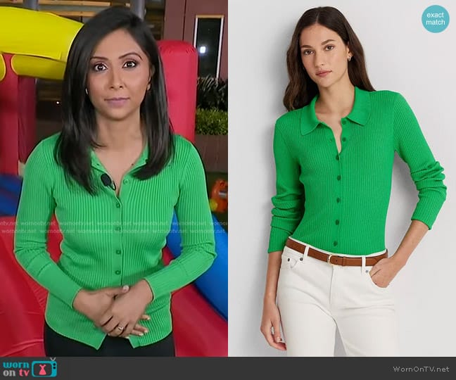 Lauren Ralph Lauren Collared Rib Knit Cardigan worn by Zohreen Shah on Good Morning America