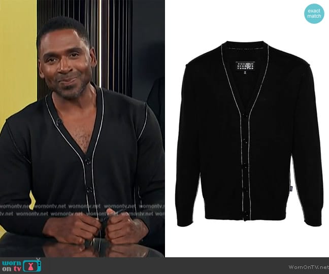 MM6 Maison Margiela Exposed-seam knit cardigan worn by Justin Sylvester on E! News