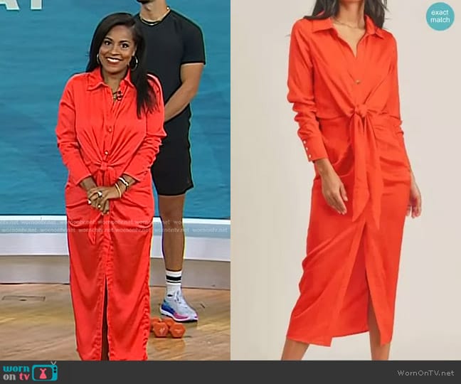 Mable Front Tie Shirt Midi Dress in Tomato Red worn by Sheinelle Jones on Today