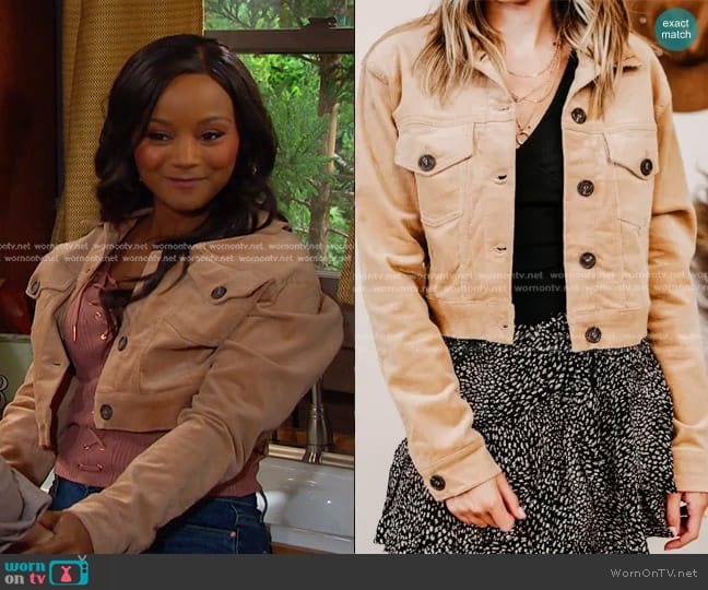 Rose & Remington Magnolia Cropped Corduroy Jacket worn by Chanel Dupree (Raven Bowens) on Days of our Lives