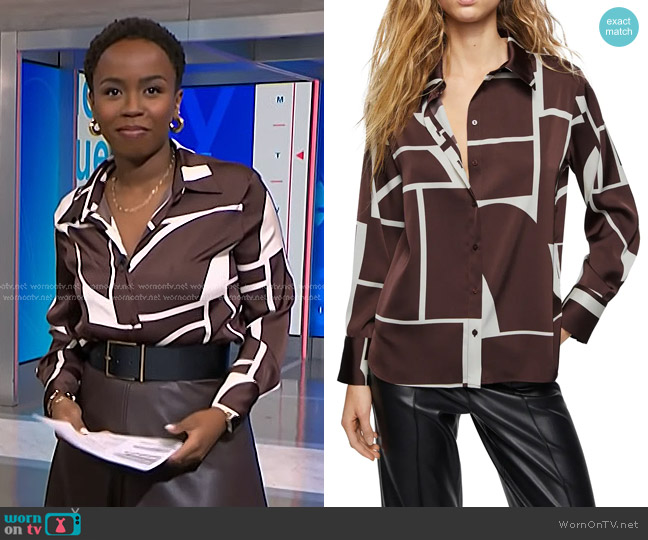 Mango Print Satin Shirt in Brown worn by Zinhle Essamuah on NBC News Daily