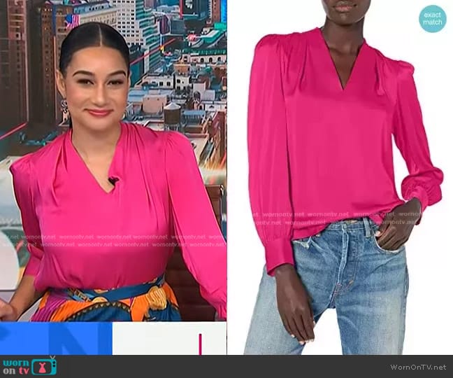 Milly Iris Stretch Silk Top in Shocking Pink worn by Morgan Radford on NBC News Daily