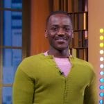 Ncuti Gatwa's green cardigan and speckled pants on Good Morning America