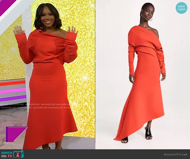 A.W.A.K.E. MODE Off Shoulder Asymmetric Dress worn by Sarah Jakes Roberts on Today