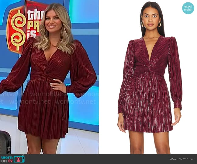 Sabina Musayev Adi Dress in Ruby Wine worn by Amber Lancaster on The Price is Right